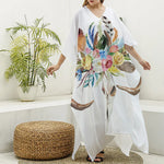 Boho Floral Deer Skull Print Silk V-Neck Kaftan Dress