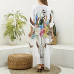 Boho Floral Deer Skull Print Silk V-Neck Kaftan Dress