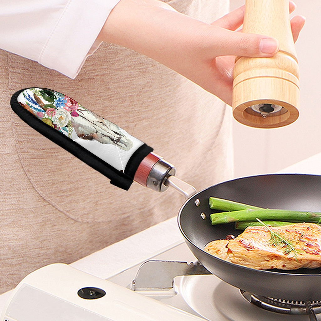 Boho Floral Deer Skull Print Skillet Handle Cover