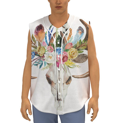 Boho Floral Deer Skull Print Sleeveless Baseball Jersey