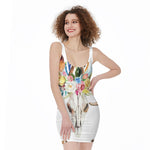 Boho Floral Deer Skull Print Sleeveless Bodycon Dress
