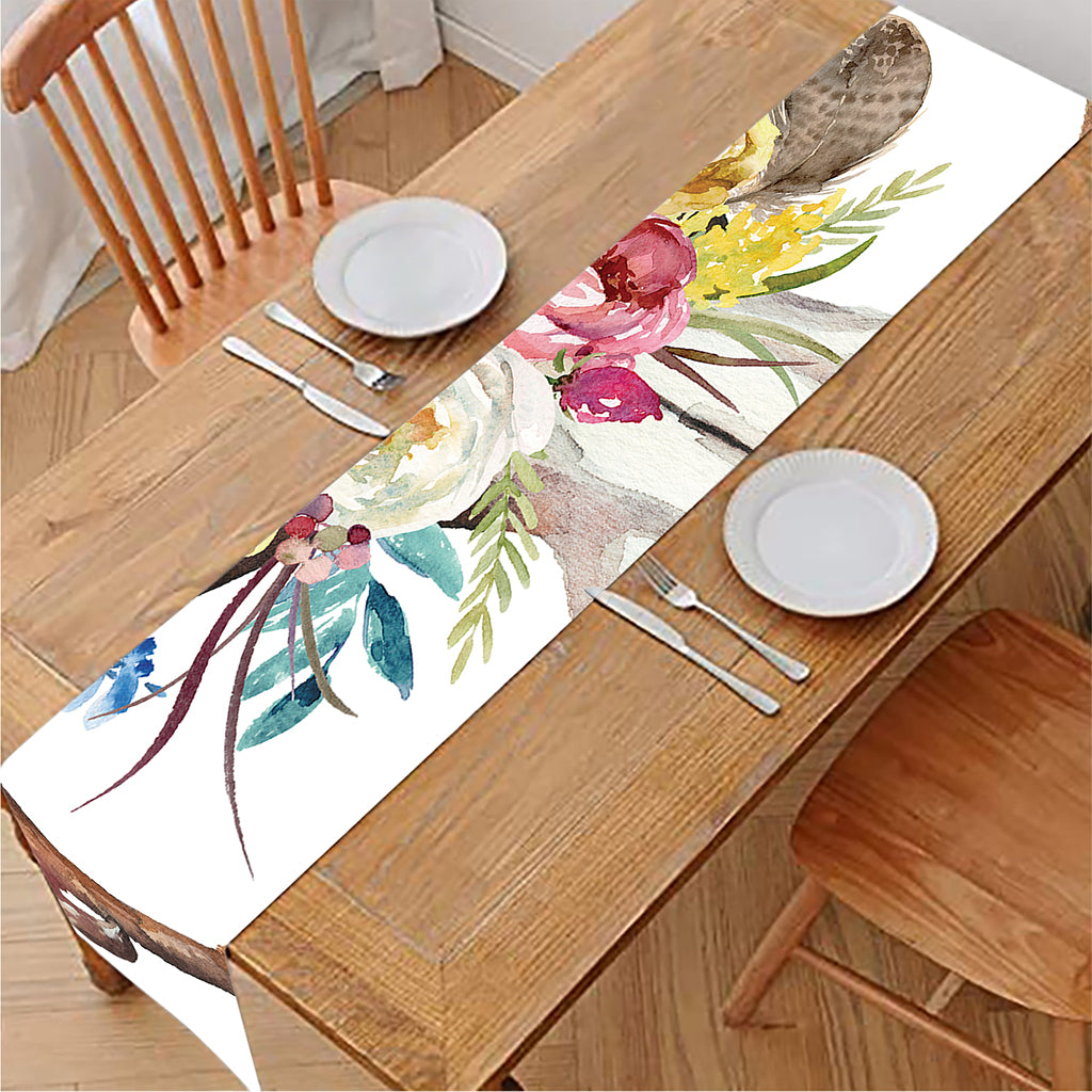 Boho Floral Deer Skull Print Table Runner