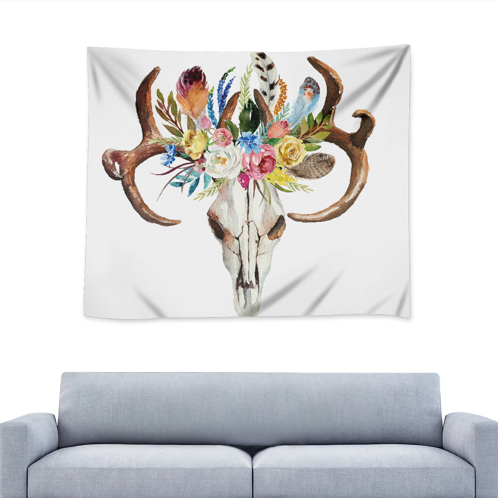 Boho Floral Deer Skull Print Tapestry