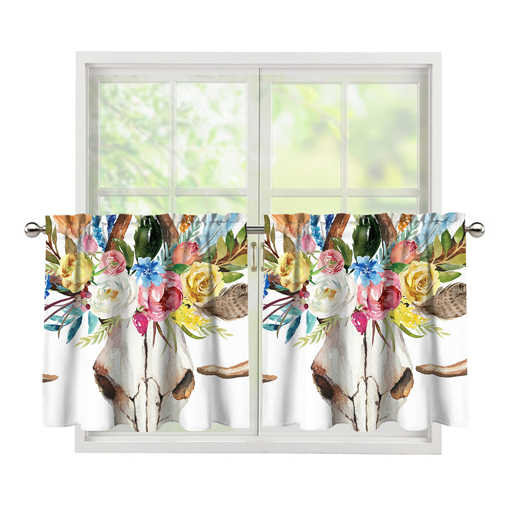 Boho Floral Deer Skull Print Tier Curtains