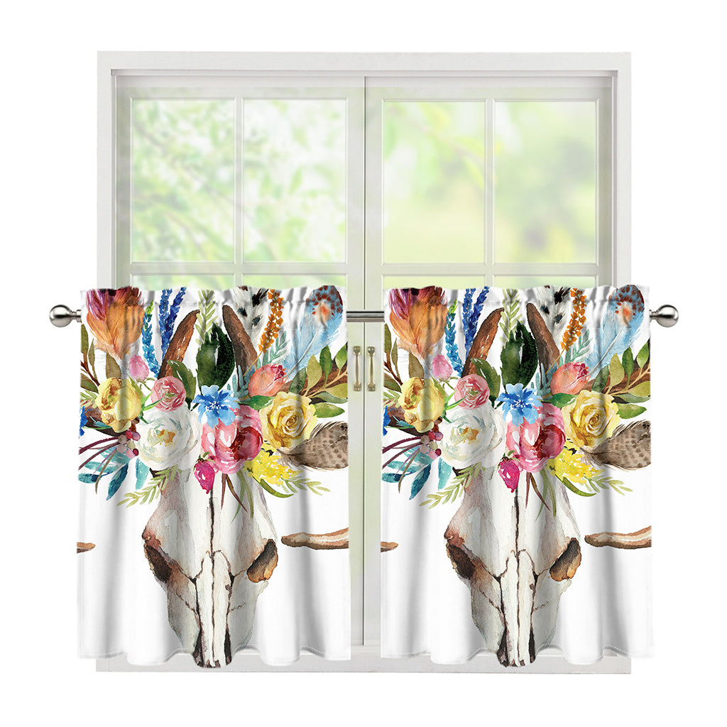 Boho Floral Deer Skull Print Tier Curtains