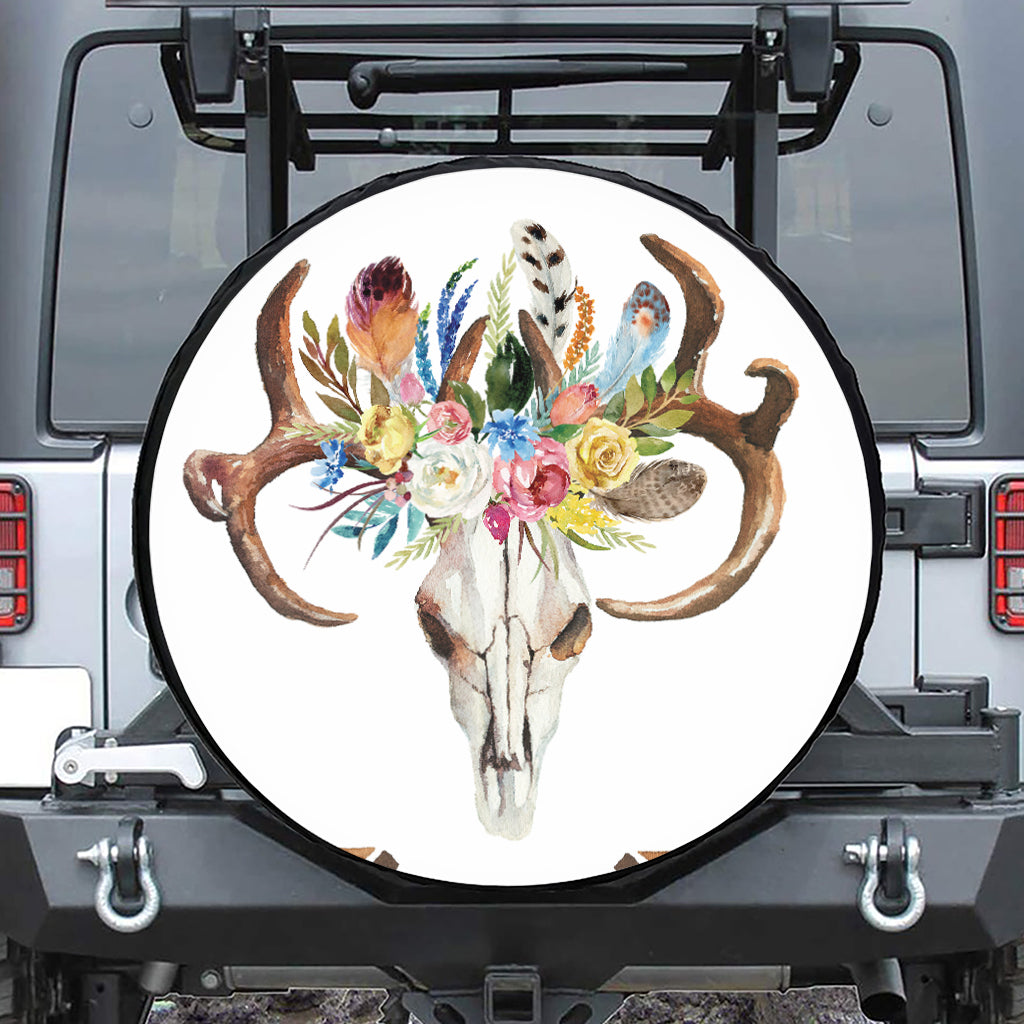 Boho Floral Deer Skull Print Tire Cover