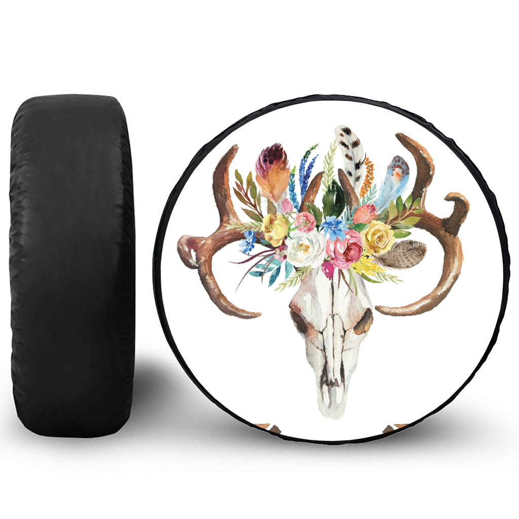 Boho Floral Deer Skull Print Tire Cover