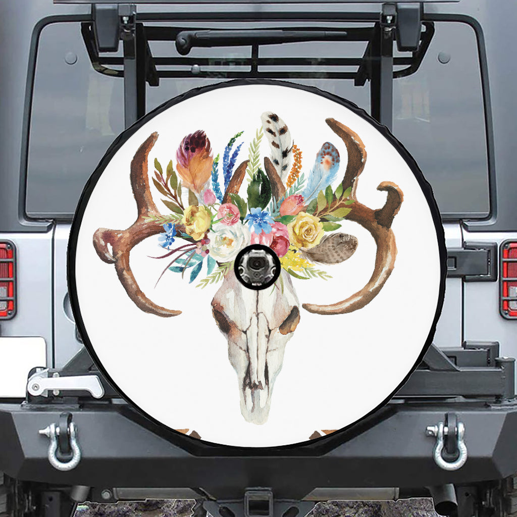 Boho Floral Deer Skull Print Tire Cover With Camera Hole