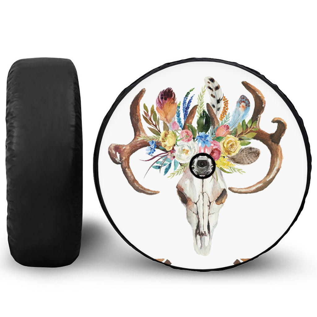 Boho Floral Deer Skull Print Tire Cover With Camera Hole