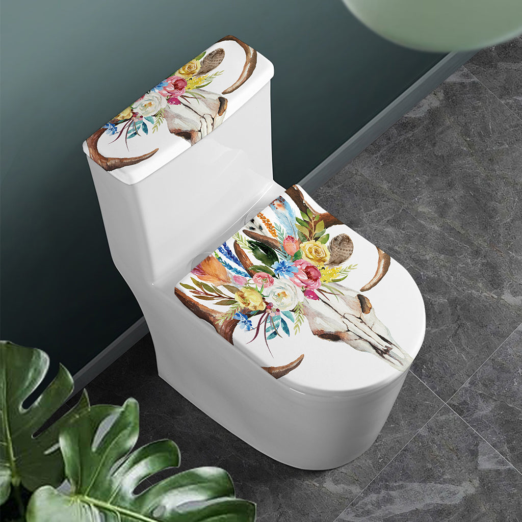 Boho Floral Deer Skull Print Toilet Lid And Tank Cover Set