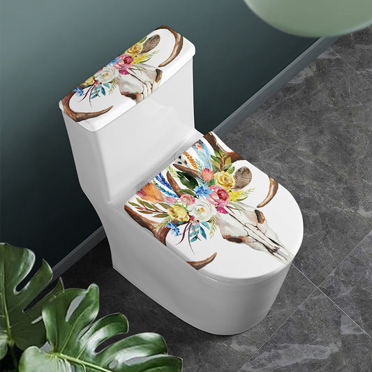Boho Floral Deer Skull Print Toilet Lid And Tank Cover Set