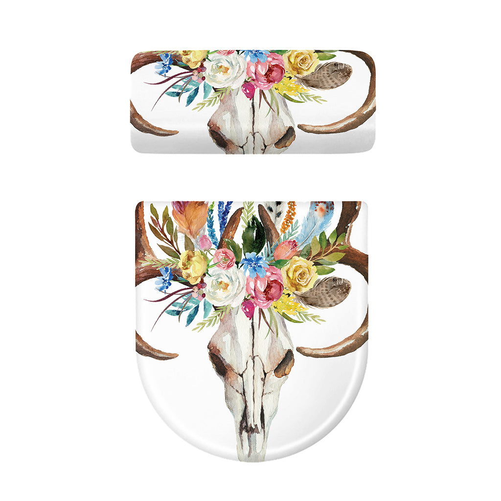 Boho Floral Deer Skull Print Toilet Lid And Tank Cover Set