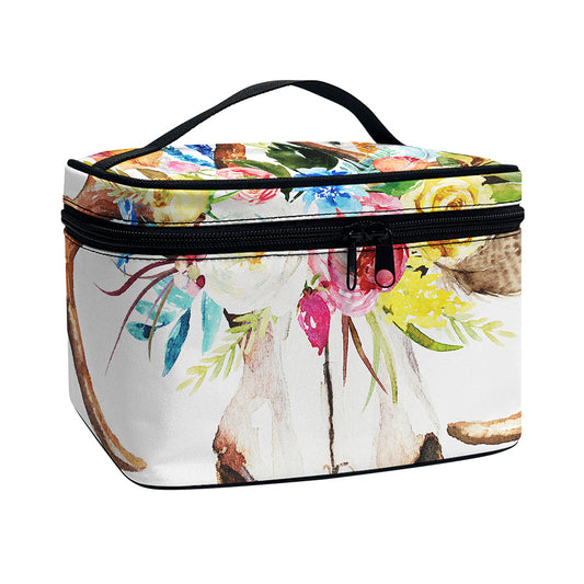 Boho Floral Deer Skull Print Travel Makeup Bag