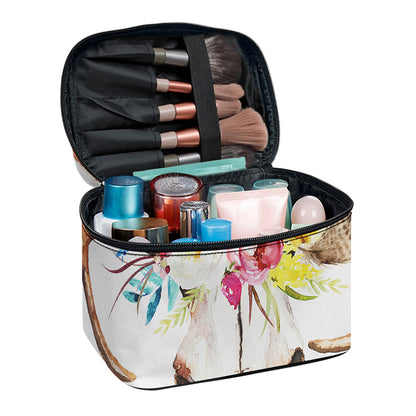 Boho Floral Deer Skull Print Travel Makeup Bag