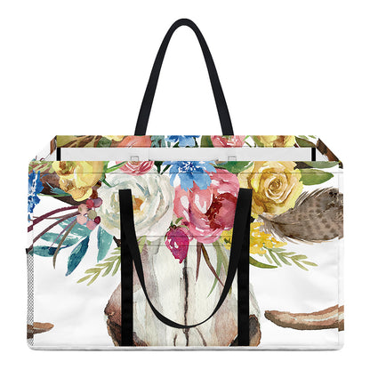 Boho Floral Deer Skull Print Utility Tote Bag