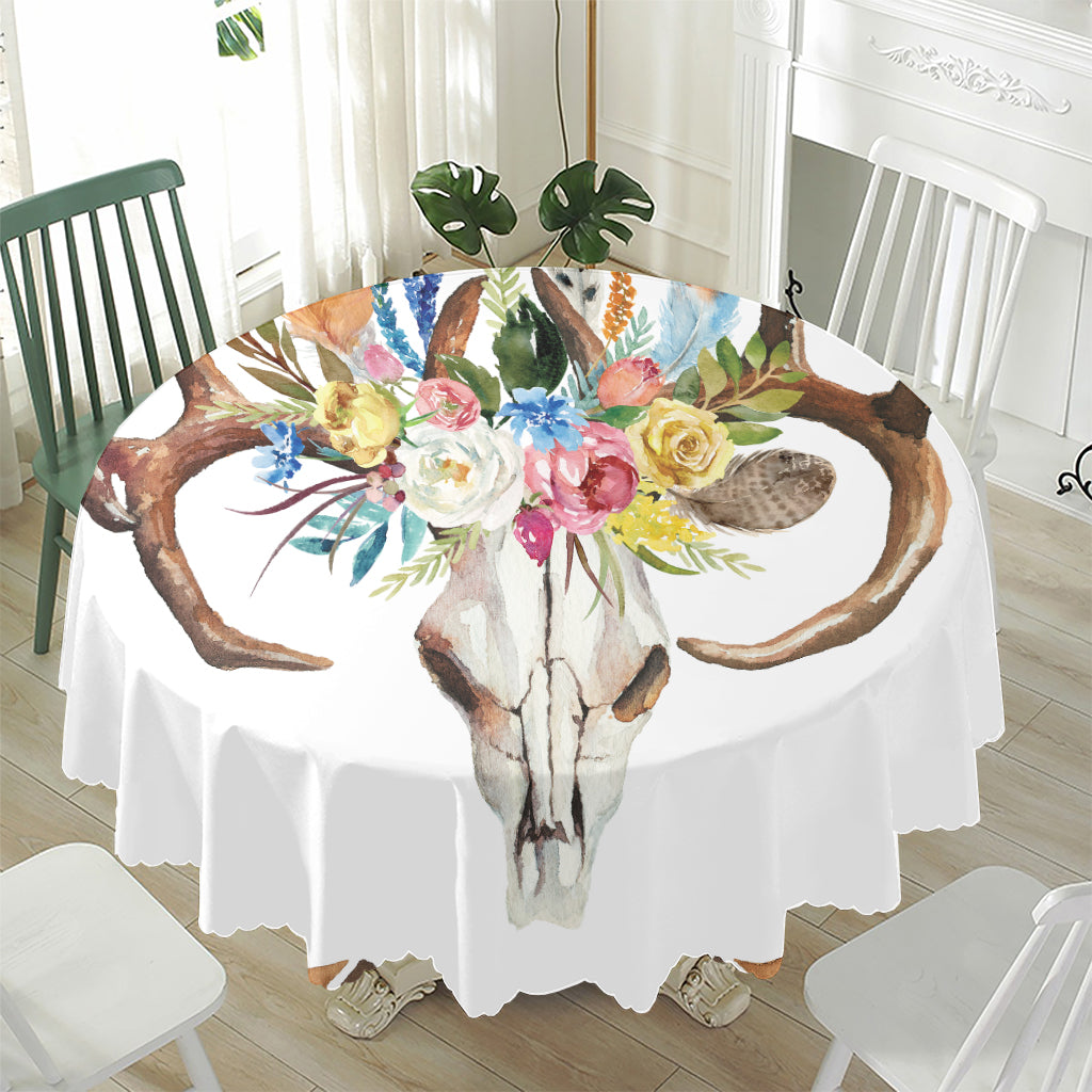 Boho Floral Deer Skull Print Waterproof Round Tablecloth