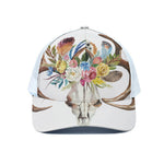 Boho Floral Deer Skull Print White Mesh Trucker Cap