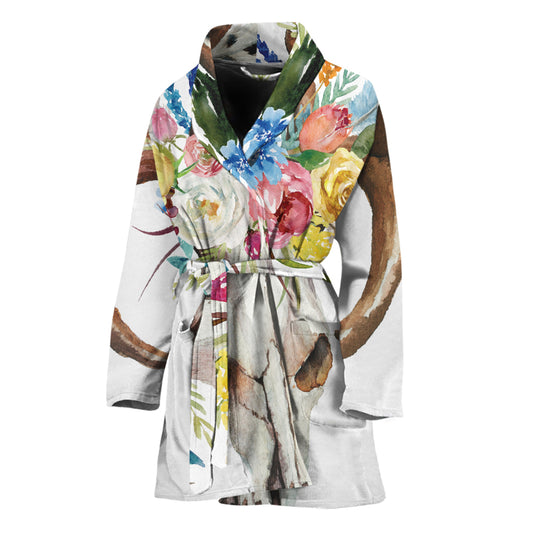 Boho Floral Deer Skull Print Women's Bathrobe