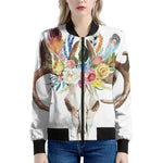 Boho Floral Deer Skull Print Women's Bomber Jacket