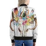 Boho Floral Deer Skull Print Women's Bomber Jacket