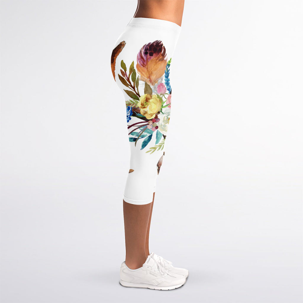 Boho Floral Deer Skull Print Women's Capri Leggings