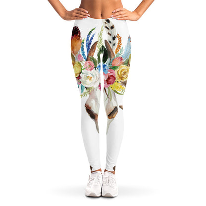 Boho Floral Deer Skull Print Women's Leggings