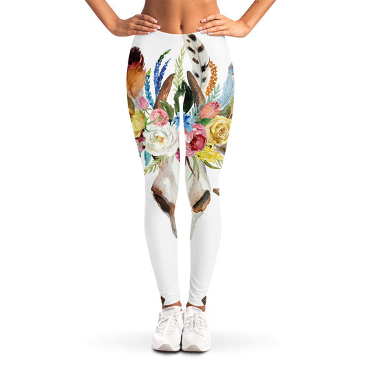 Boho Floral Deer Skull Print Women's Leggings