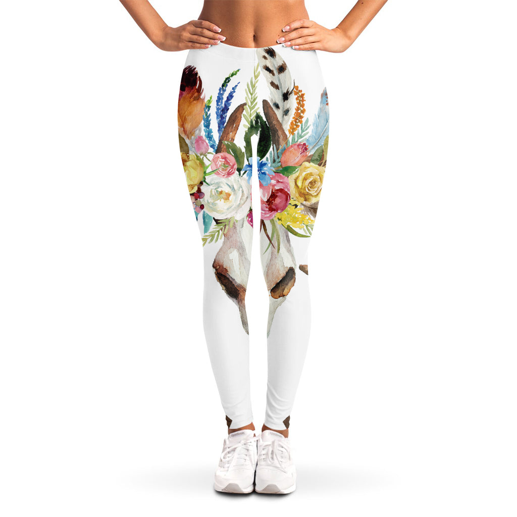 Boho Floral Deer Skull Print Women's Leggings