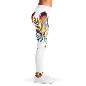 Boho Floral Deer Skull Print Women's Leggings