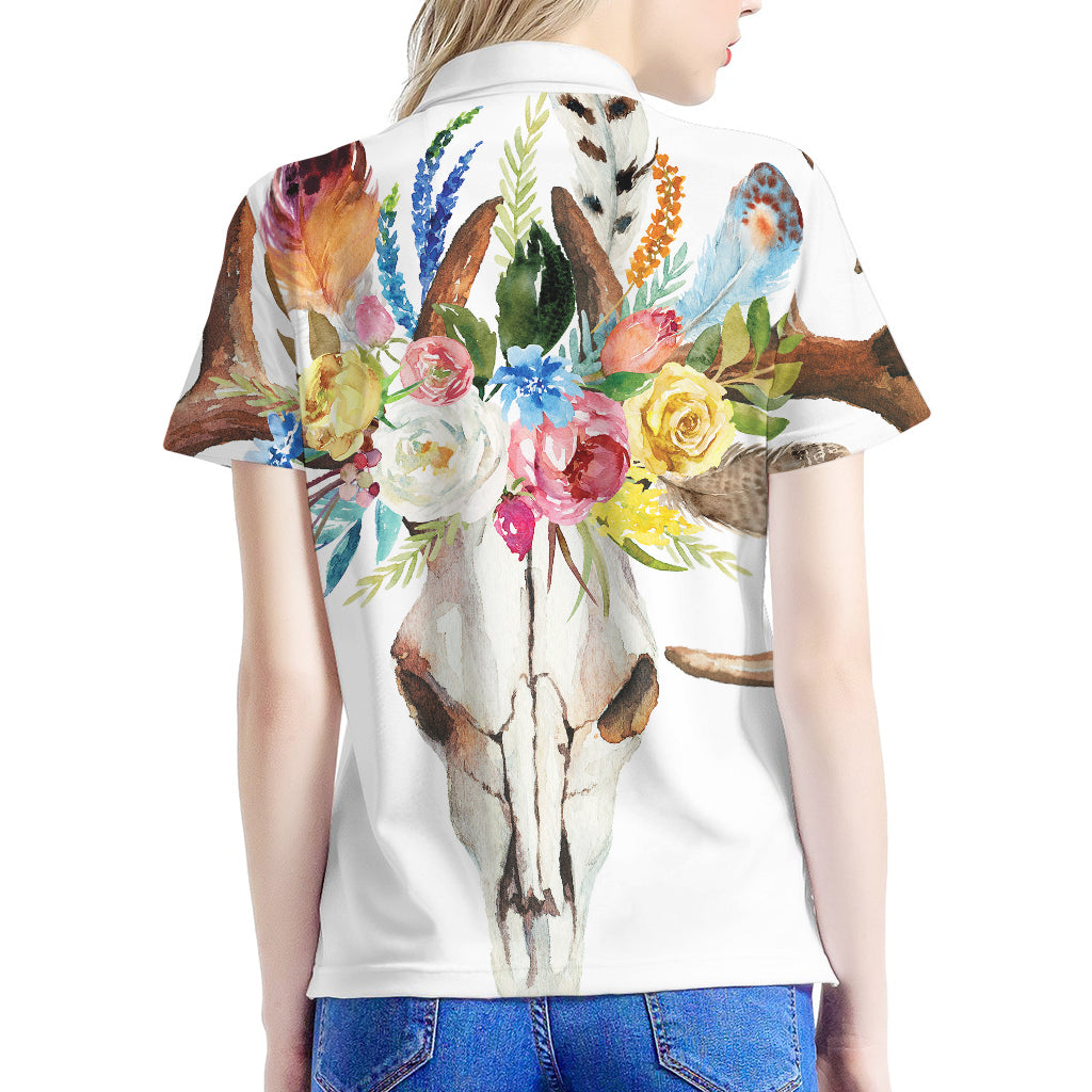 Boho Floral Deer Skull Print Women's Polo Shirt