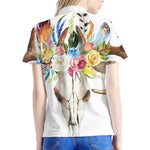 Boho Floral Deer Skull Print Women's Polo Shirt