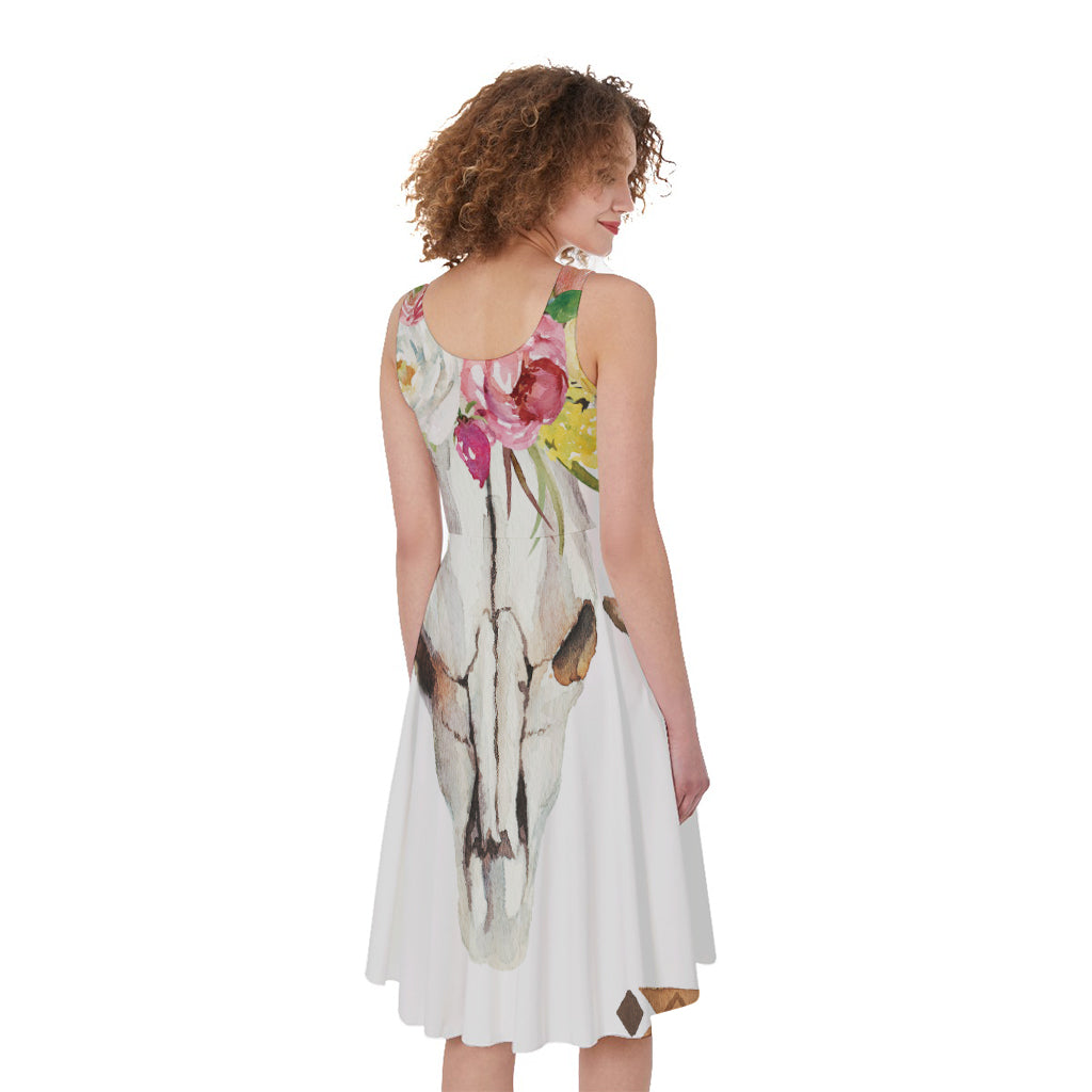 Boho Floral Deer Skull Print Women's Sleeveless Dress