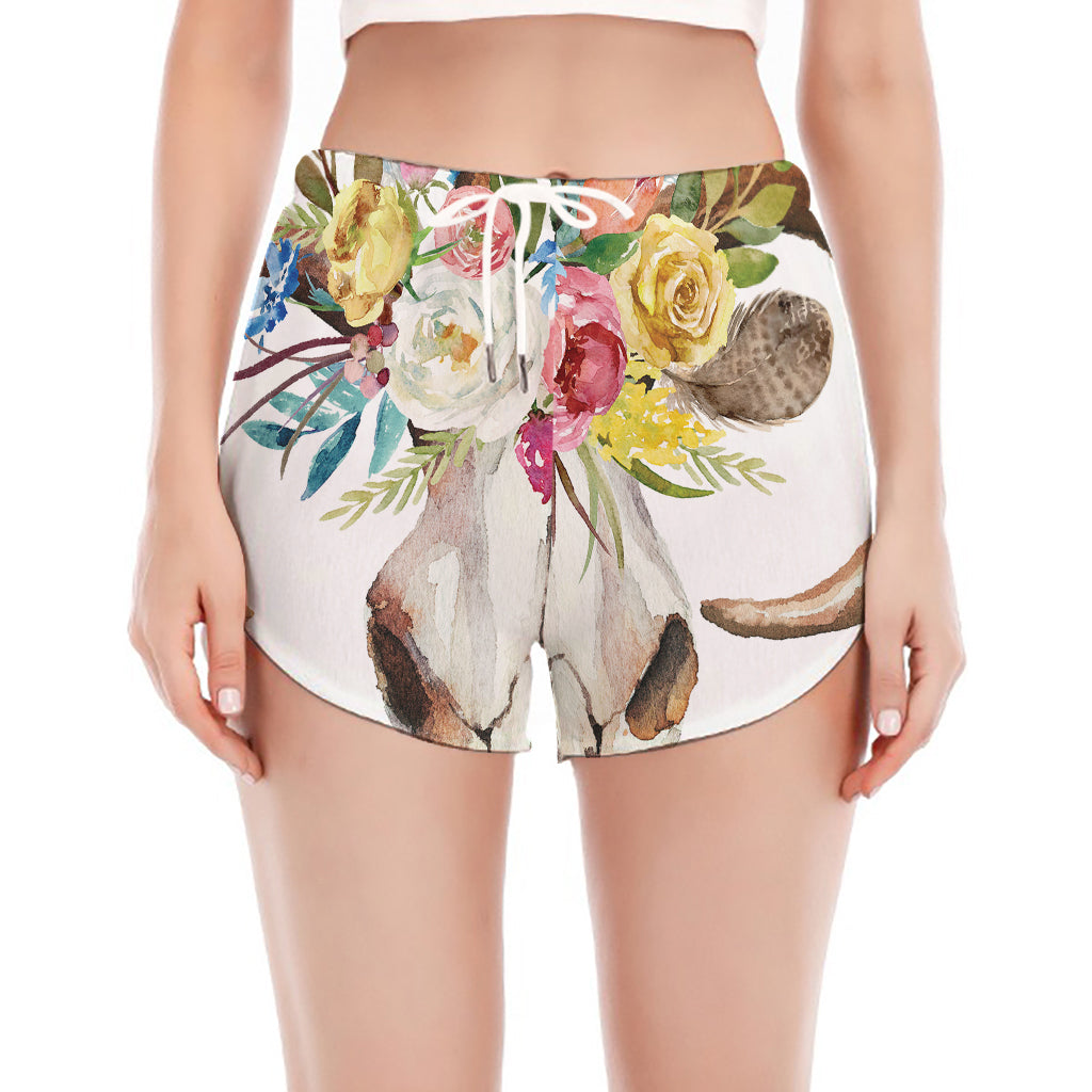 Boho Floral Deer Skull Print Women's Split Running Shorts