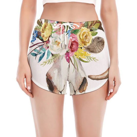 Boho Floral Deer Skull Print Women's Split Running Shorts