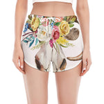 Boho Floral Deer Skull Print Women's Split Running Shorts