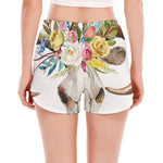 Boho Floral Deer Skull Print Women's Split Running Shorts