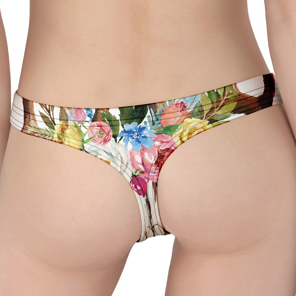 Boho Floral Deer Skull Print Women's Thong