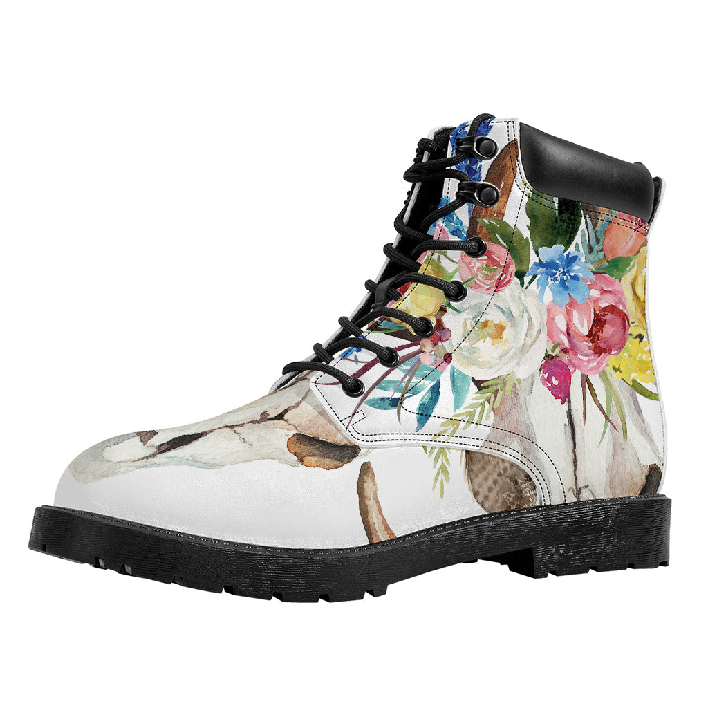 Boho Floral Deer Skull Print Work Boots