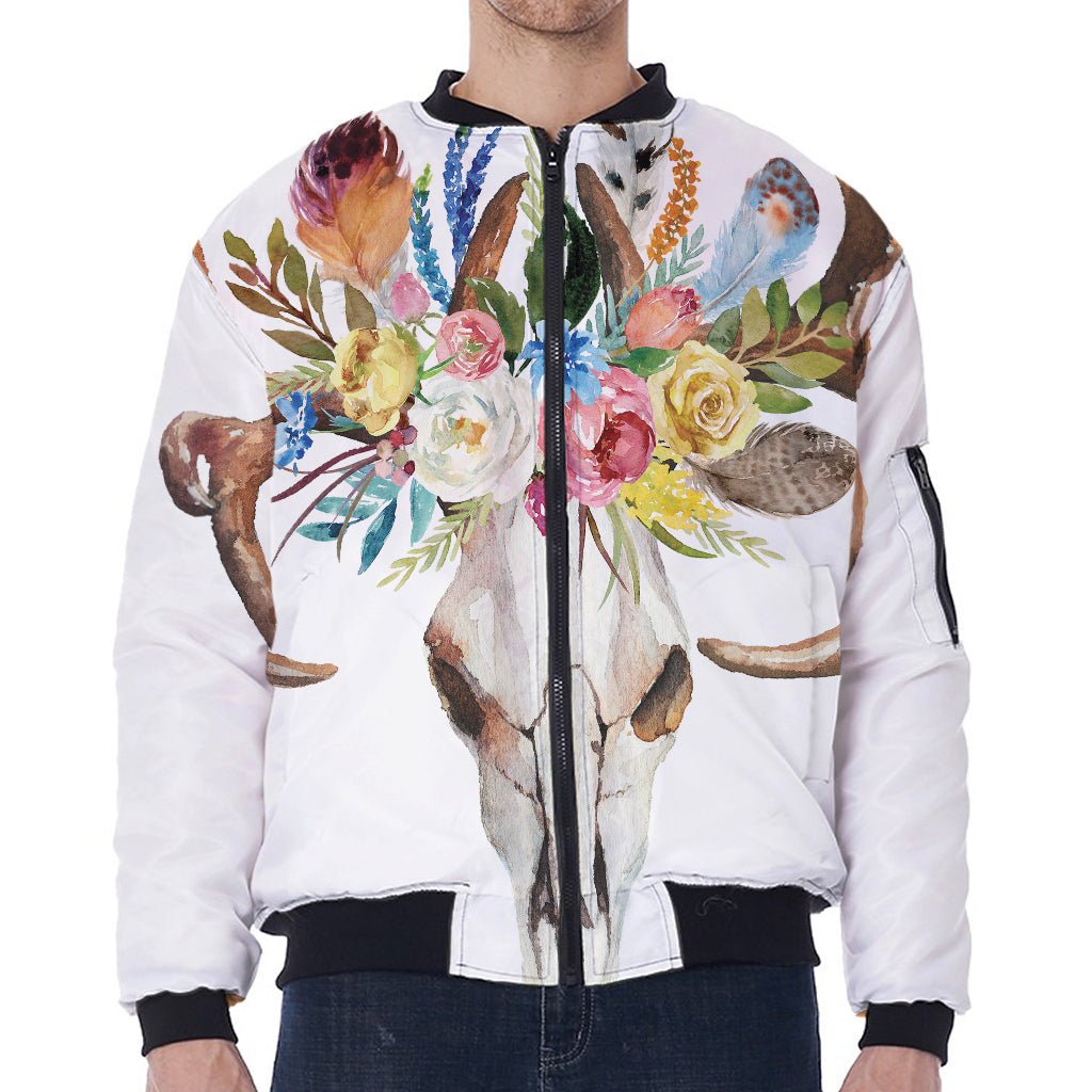Boho Floral Deer Skull Print Zip Sleeve Bomber Jacket