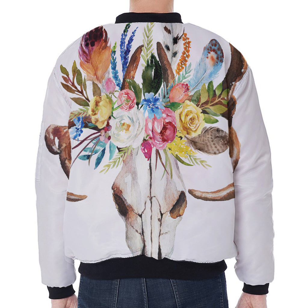 Boho Floral Deer Skull Print Zip Sleeve Bomber Jacket