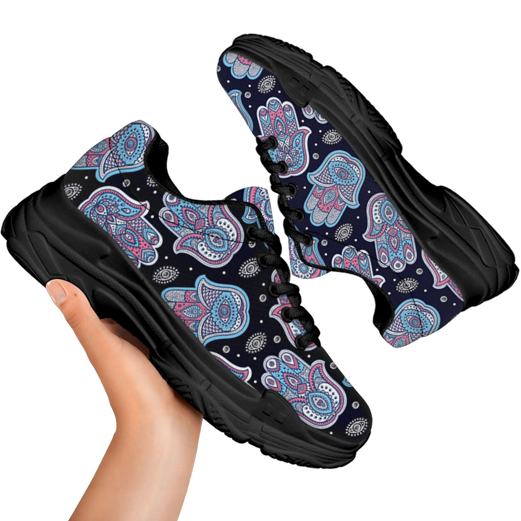 Boho Hamsa Pattern Print Black Chunky Shoes