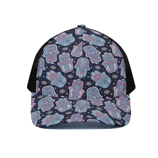 Boho Hamsa Pattern Print Black Mesh Trucker Cap