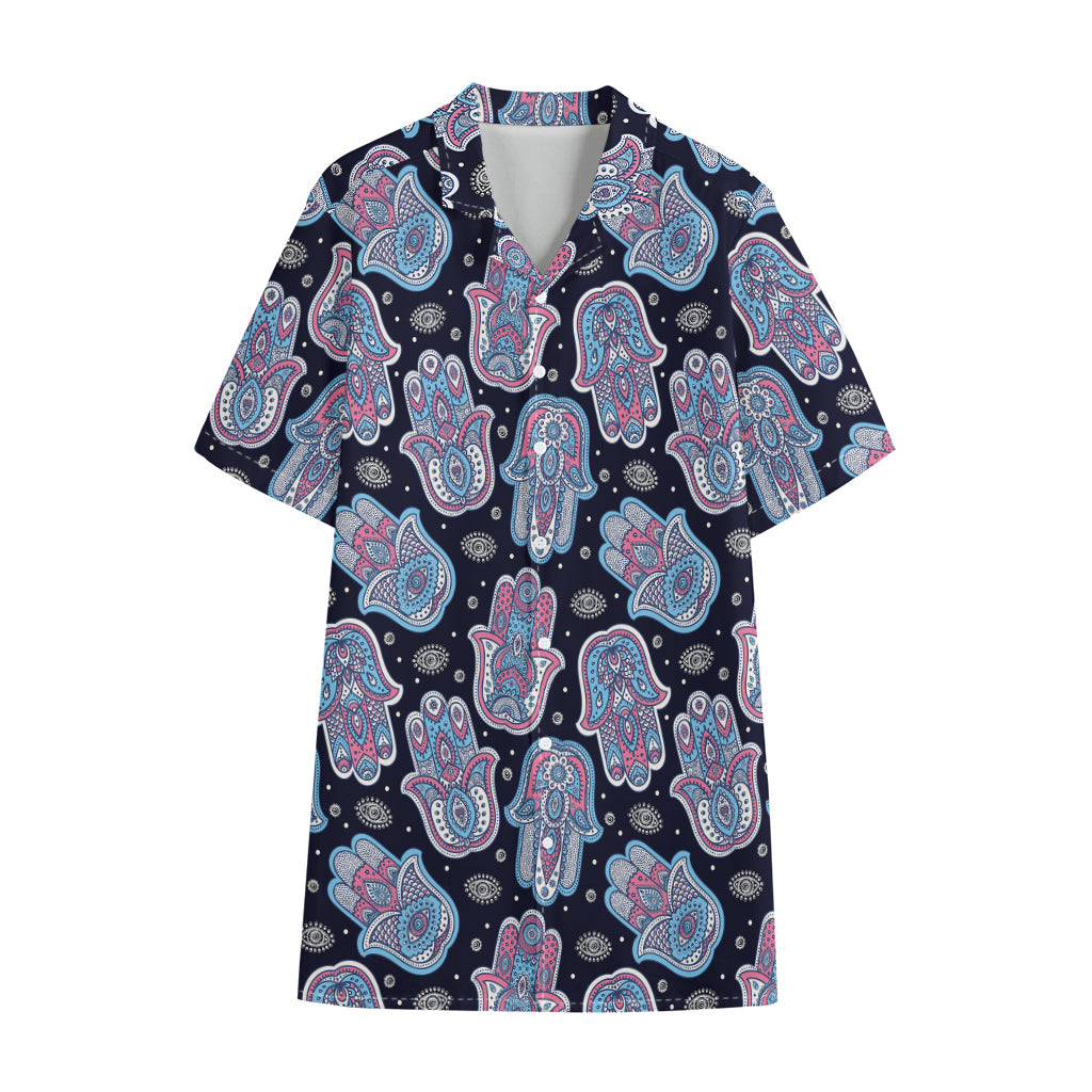 Boho Hamsa Pattern Print Cotton Hawaiian Shirt