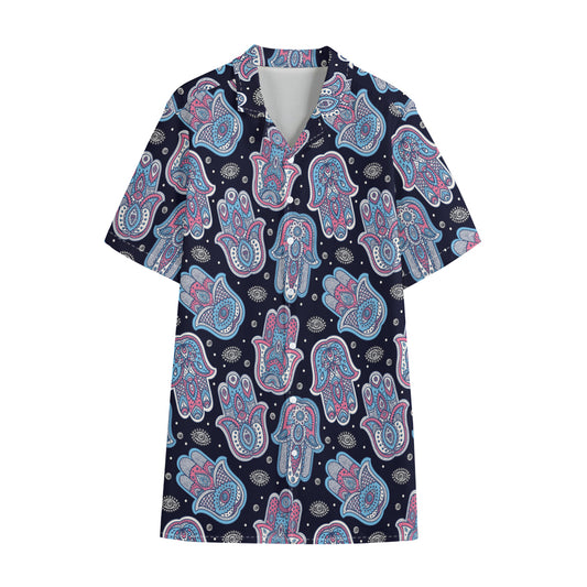 Boho Hamsa Pattern Print Cotton Hawaiian Shirt