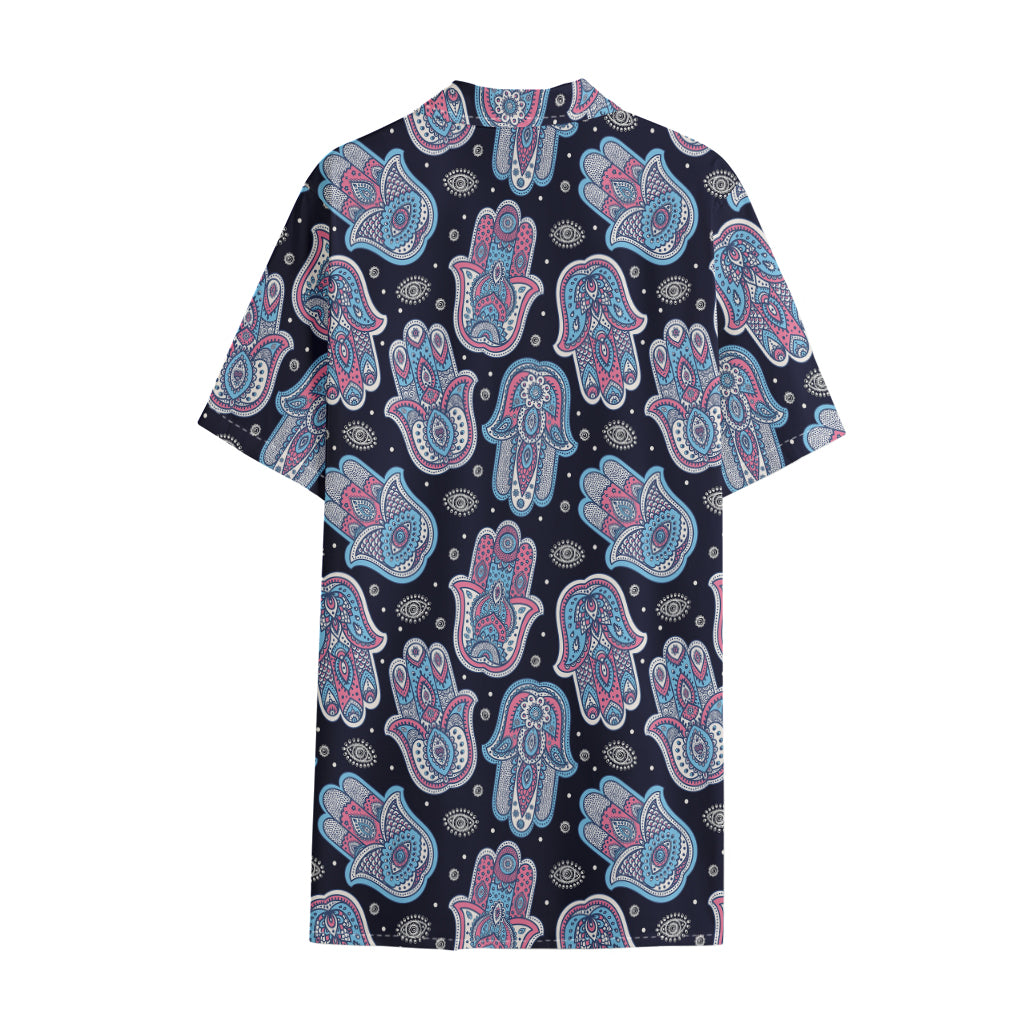Boho Hamsa Pattern Print Cotton Hawaiian Shirt