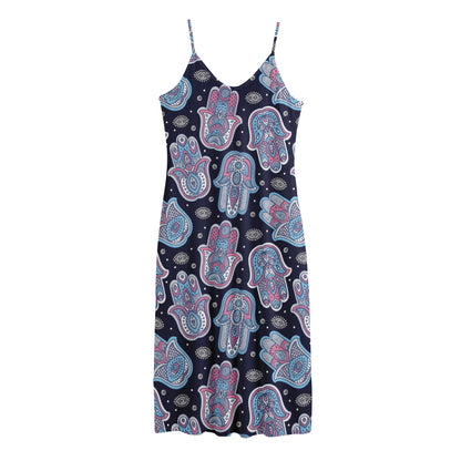 Boho Hamsa Pattern Print Jersey Midi Cami Dress