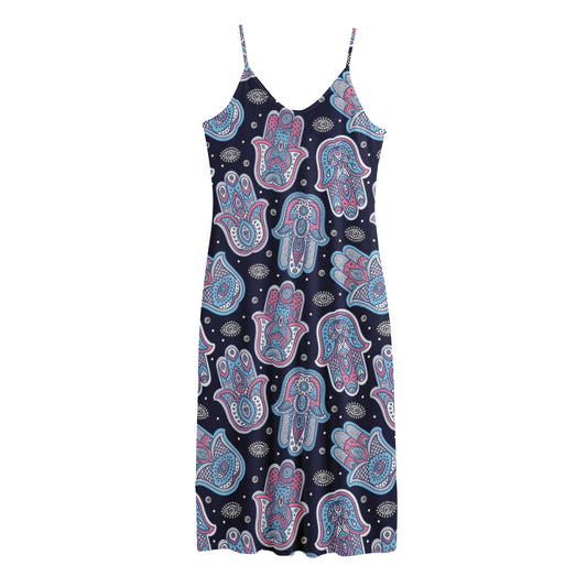Boho Hamsa Pattern Print Jersey Midi Cami Dress