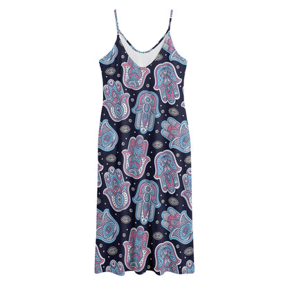 Boho Hamsa Pattern Print Jersey Midi Cami Dress