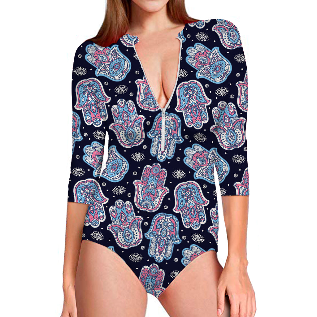 Boho Hamsa Pattern Print Long Sleeve Swimsuit