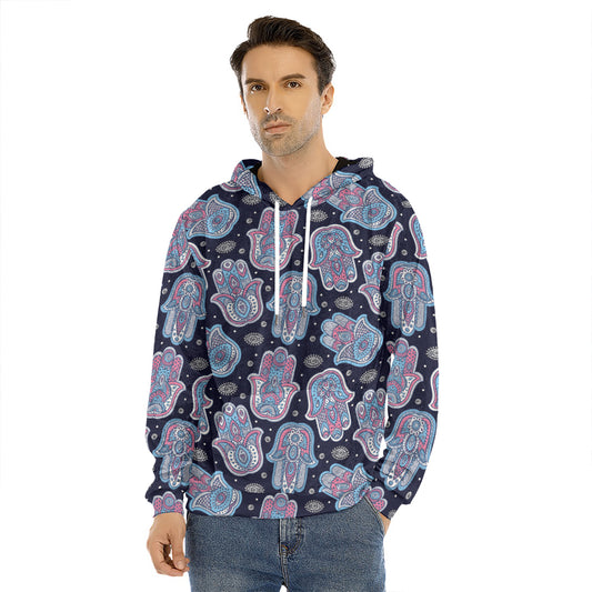 Boho Hamsa Pattern Print Men's Velvet Pullover Hoodie